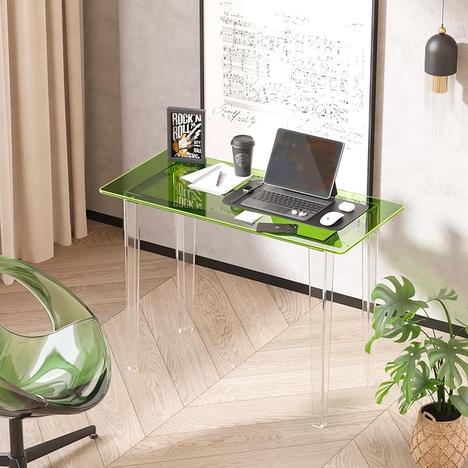 Modern Acrylic Desk for Home Office - Multi-Purpose Study Table with Extended Surface Sturdy Lightweight Design Transparent Green Console &amp Entryway Table (42.5 Inch)