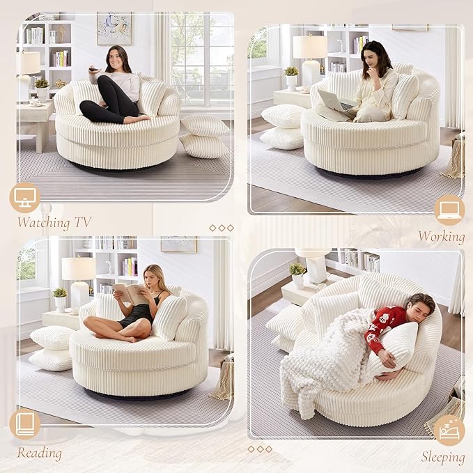 360 Degree Oversized Swivel Chair 50 Round Lounge Chair Modern Accent Circle Chair W/ 5 Pillows Upholstered Corduroy Sofa Chair for Living Room Bedroom Apartment Beige