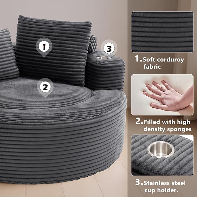 55 Oversized Round Boneless Couch Sofa Velvet Memory Foam Cloud Couches Lounge Chair Comfy Fluffy Single Sofa with 3 Pillows for Living Room Bedroom No Assembly Required (Grey +Velvet)