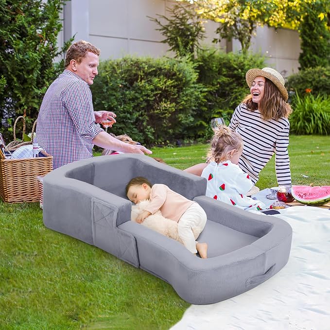 Toddler Travel Bed 2-in-1 Foldable Portable Toddler Bed Sofa Chair Soft Baby Kids Travel Floor Cot with Washable Covers Safety Foam Raised Bumper for Camping Hotel Sleeping (Grey)