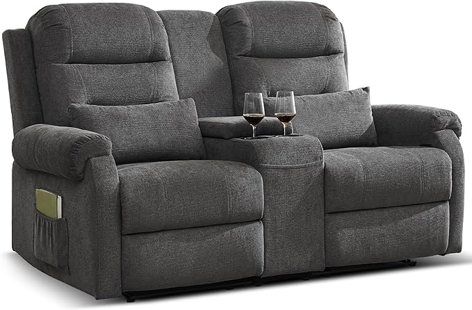 DRMBOOK RV Loveseat Recliner Sofa with Console Flax Velvet Double Wall Hugger Reclining Couch Manual Home Movie Seating 2 Person Recliner Chair with Cup Holders/Storage/Pocket/Lumbar Pillow Grey