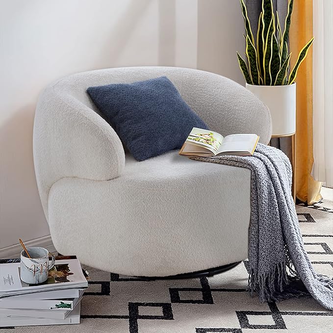 KEVINSPACE Swivel Accent Chair SwivelChairs for Living Room SwivelBarrelChair Round SwivelChair CornerChair Small Modern AccentChair Boucle 360°SwivelChair with Pillow Chair for Bedroom 35 W