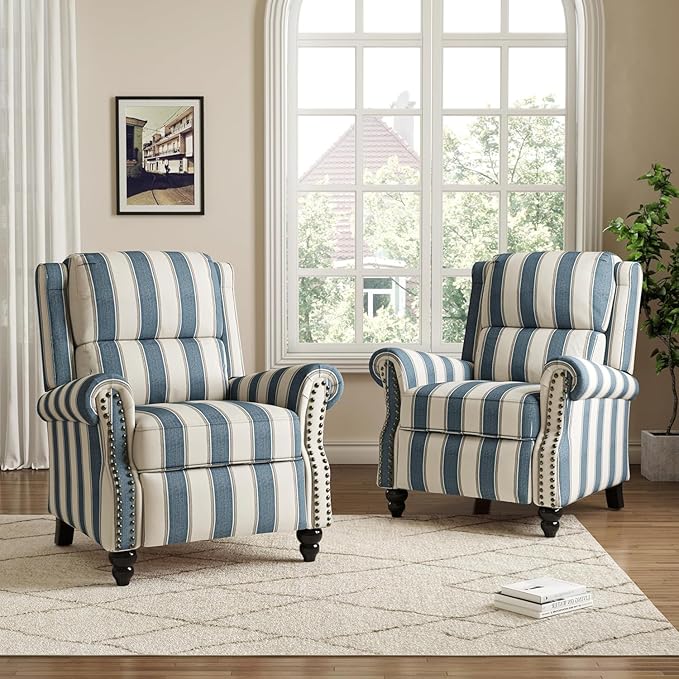 Wingback Recliner Chairs Set of 2 Upholstered Pushback Recliner Chair Comfy Fabric Armchair Push Back Recliner with Wood Legs Rivet Trim Accent Chair for Living Room Bedroom Navy Stripe