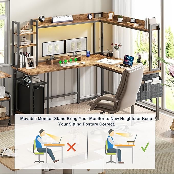 Aheaplus L Shaped Desk with Power Outlet L Shaped Gaming Desk with Led Light &amp Hutch Reversible Home Office Desk Corner Computer Desk Writing Desk with Monitor Stand &amp Storage Shelf Rustic