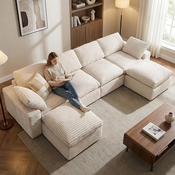 KKL 150 U Shaped Sectional Modular Boneless Sofa 6 Seater Cloud Couch with Ottoman Corduroy Sectional Couches for Living Room Bedroom Beige