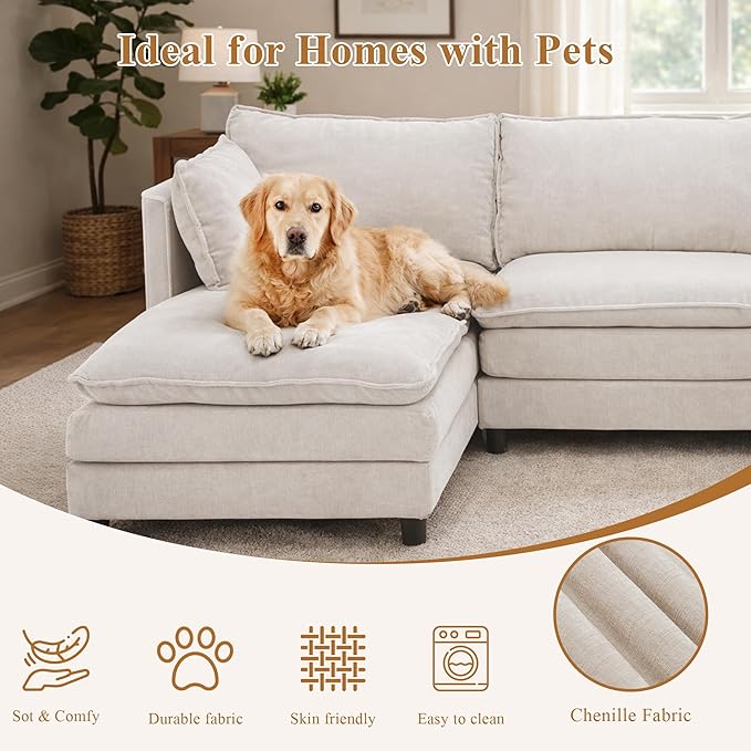 108 U Shaped Couch Modular Sectional Sofa Chenille Cloud Couch with Movable Ottoman 3 Deep Seat Small Sectional Couch Comfy Couch for Living Room (Beige 3 Seater with 2 Ottoman)