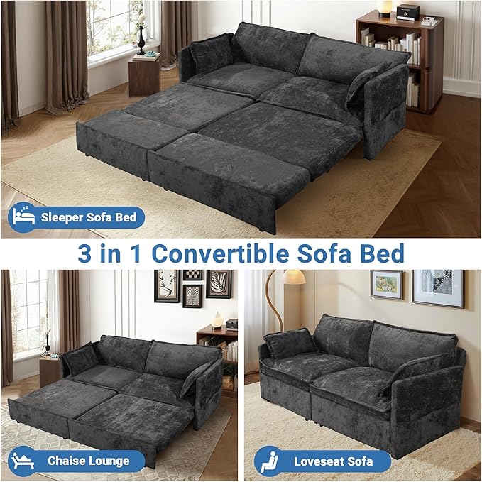 73 Sleeper Sofa Bed 3-in-1 Pull Out Couch with USB/Type-C Charging &amp Side Pockets Convertible Chenille Loveseat Chaise Lounge Space-Saving Sofa for Living Room Black
