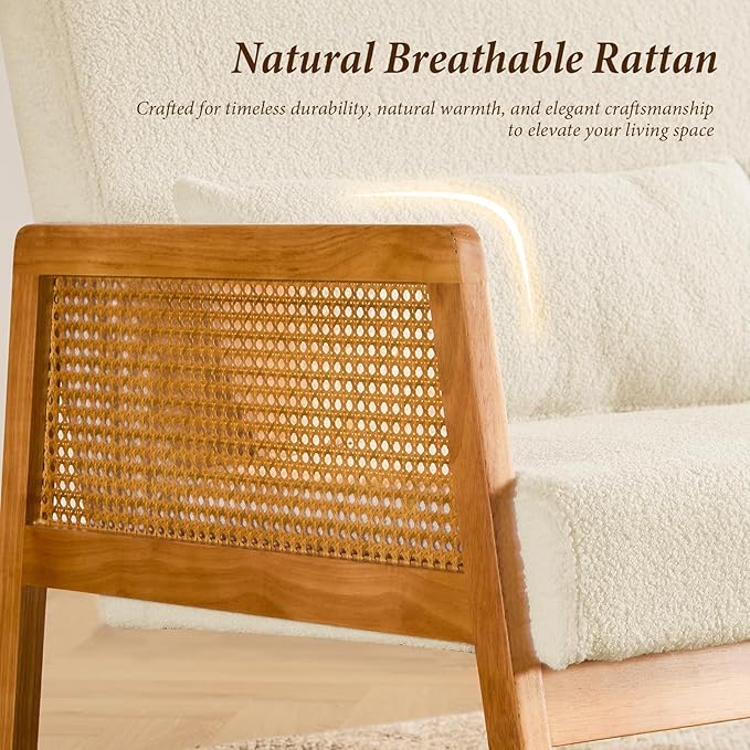 Furnimart 4ft Small Loveseat 48 Modern Rattan Settee 2-Seater Sofa with Wood Frame and Lumbar Pillows Wating Room Banquette Bench with Back Mini Couch for Apartment Office Patio Sherpa White