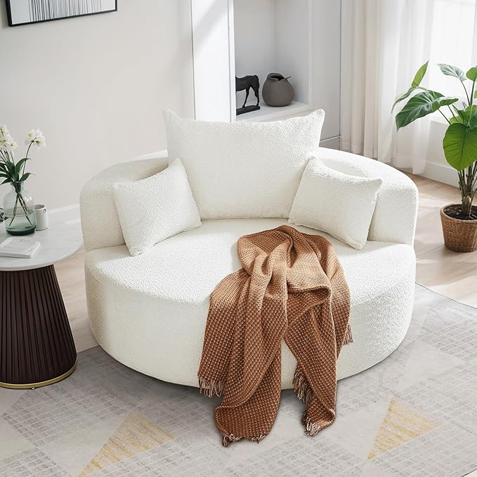 360° Swivel Barrel Chair - Oversized Round Sofa Chair and A Half with Removable Pillows Comfy Modern Upholstered Chenille Deep Seat Circle Chaise Lounge for Living Room Bedroom Office Hotel (White)