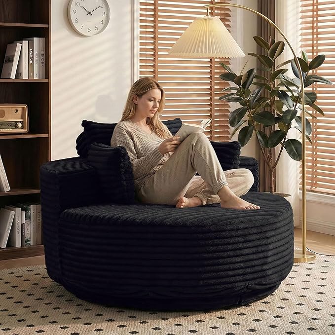 55 Oversized Round Single Swivel Indoor Chair Cozy Corduroy Upholstered Circle Round Sofa Deep Seat Round Swivel Chair for Living Room Bedroom &amp Reading No Assembly Required Black