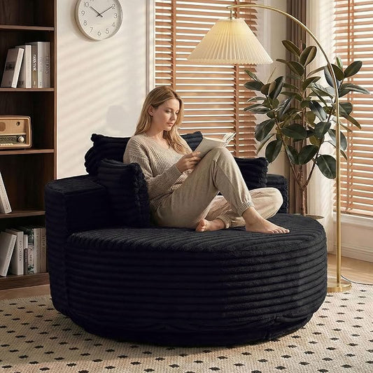 55 Oversized Round Single Swivel Indoor Chair Cozy Corduroy Upholstered Circle Round Sofa Deep Seat Round Swivel Chair for Living Room Bedroom &amp Reading No Assembly Required Black