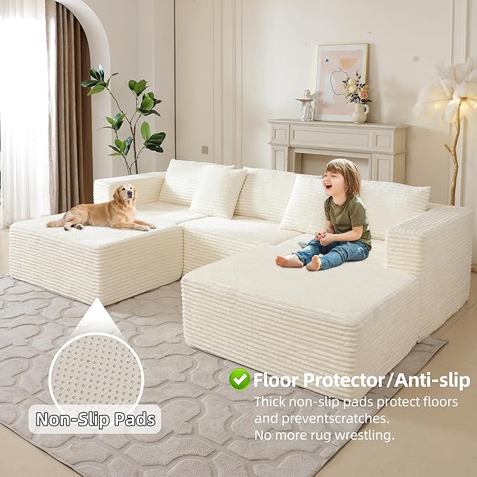 110 Modular Sectional Boneless Sofa with 2 Ottomans Corduroy U-Shaped Modular Sectional Sofa Convertible Cloud Couch with Deep Seats No Assembly Required (White 110 3Seat+2 0ttoman)