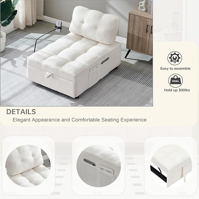 Modern Teddy Fabric Sofa Bed Futon3 in 1 Convertible Pullout Bed Couches with 3 Reclining BackrestsPhone StandSmall Sofa Single Sleeper Chair Bed for Living Room Bedroom (Beige)