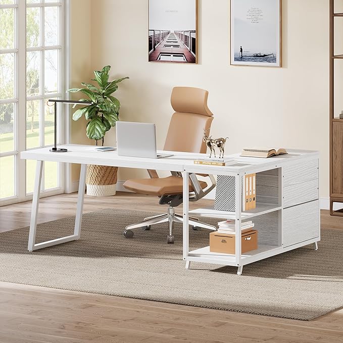 Tribesigns 53 L Shaped Office Desk Reversible Corner Computer Desk with 3 File Drawers and 2 Storage Shelves for Home Office Study Gaming Room (White)