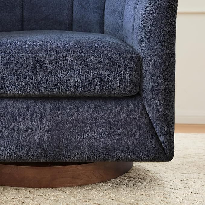 SITJOY Swivel Accent Chair Mid Century Modern Barrel Armchair with Solid Ash Wood Base Upholstered Chair for Living Room Bedroom Fabric in Navy
