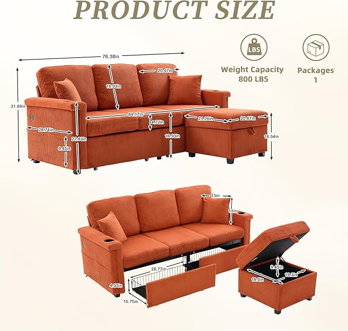 76'' Sectional Sofa Couches for Living Room 3 Seat L-Shaped Couch with Storage &amp Ottoman Corduroy Convertible Sofas with Chaise Apartment with USB Charging Cup Holder (Orange)