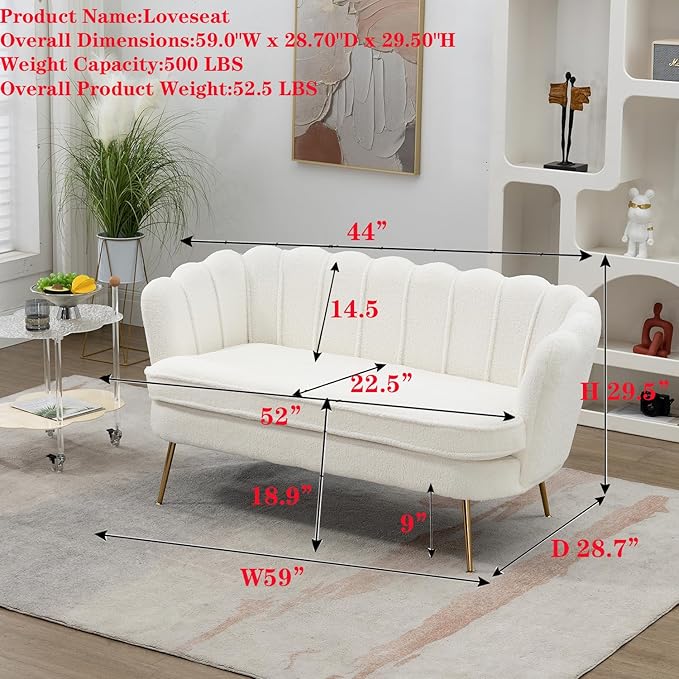Modern Boucle Loveseat CouchFuton Small Sofa with Gold Metal Legs 2-Seater Upholstered Mini Sofa Couches for Small SpaceLiving Room Bedroom Office Dorm Studio Apartment Love Seat Couche(White)