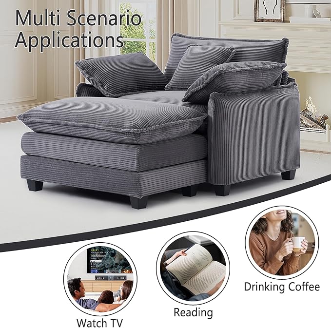 Oversized Chair with Ottoman Modern Corduroy Sofa Bed Single Sofa Chaise Large Upholstered Sofa for Living Room Bedroom (Grey)