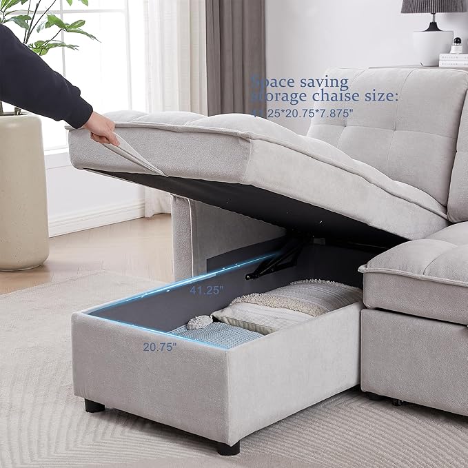 Reversible Sectional Sleeper - Pull Out Sofa Bed Couch with USB and Tape-c Charging Ports L-Shape Sleeper Sectional Sofa Couch for Living Room Office and Small Apartment (Light Grey)