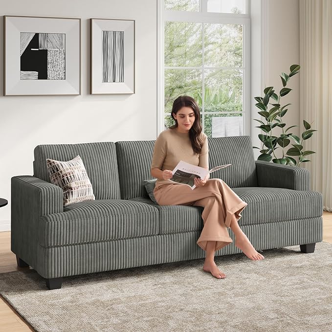 89 Inch Sofa with Extra Deep Seats Oversize 3 Seater Sofa for Living Room Modern Couch and Sofa Comfy Armrests and Seats and Backrests Easy InstallationWide Corduroy Fabric Gray