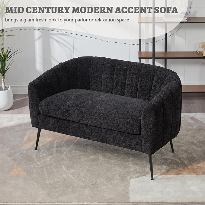 50.2 Small Loveseat Sofa 2-Seater Modern Chenille Couch with Gold Metal Legs &amp Floral Backrest Compact Apartment Sofa for Living Room Bedroom Office Dorm (Chenille Black(50.2''))