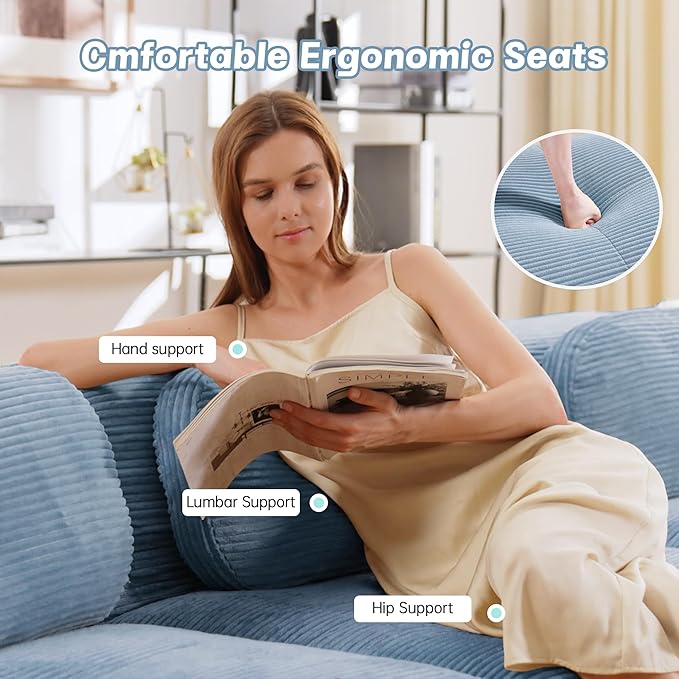 Modular Sectional Sofa Boneless Couch Corduroy Cloud Couch Modern Deep Seat Comfy Sectional Couches for Living Room Oversized 6 Seater Sofa for Bedroom Apartment - No Assembly(Blue)