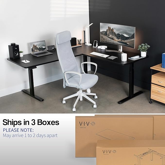 VIVO Electric Height Adjustable 77 x 71 inch Corner Stand Up Desk 2 Black 30 inch Deep Table Tops Black Frame Memory Controller L-Shaped Workstation 3E Series DESK-KIT-3E7B