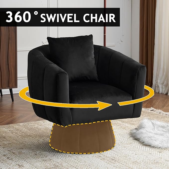 Karl home Swivel Accent Chair Set of 2 Comfy 360° Swivel Barrel Chair Modern Velvet Fabric Living Room Chair with Fluffy CushionsUpholstered Armchair for Living Room/Bedroom/Lounge Black