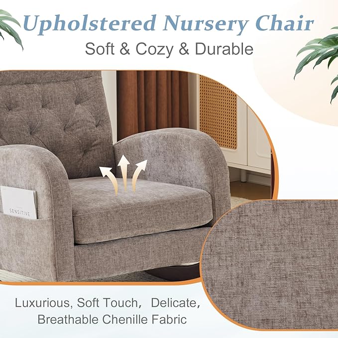 VINGLI Chenille Low Seat Rocking Chair Upholstered Nursery Glider Chair with Side PocketsAccent Arm Chair with High BackrestComfy Head Rest and Solid Wood Base For Living Room Bedroom BalconyGrey