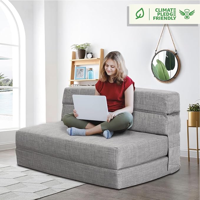 ANONER 60 Folding Sleeper Chair Sofa Bed Lazy Couch with 2 Pillows Queen Size Memory Foam Washable Cover Light Gray