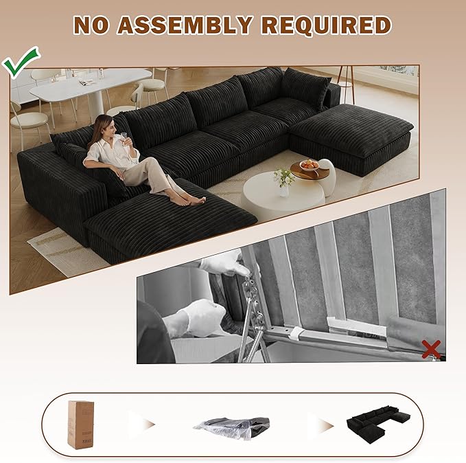157.6 Modular Sectional Sofa Cloud Couch with 2 Ottoman Modern Boneless Couch with Plush Corduroy Fabric No Assembly Fluffy Deep Seat Upholstered Sofa for Living Room (Black U Shape)