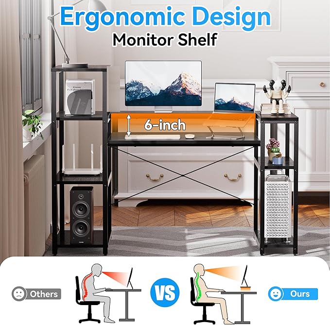 Computer Desk with Storage Shelves 63 Inch Office Desk with Monitor Stand Gaming Desk with CPU Stand for Study Writing PC Work Gaming Black