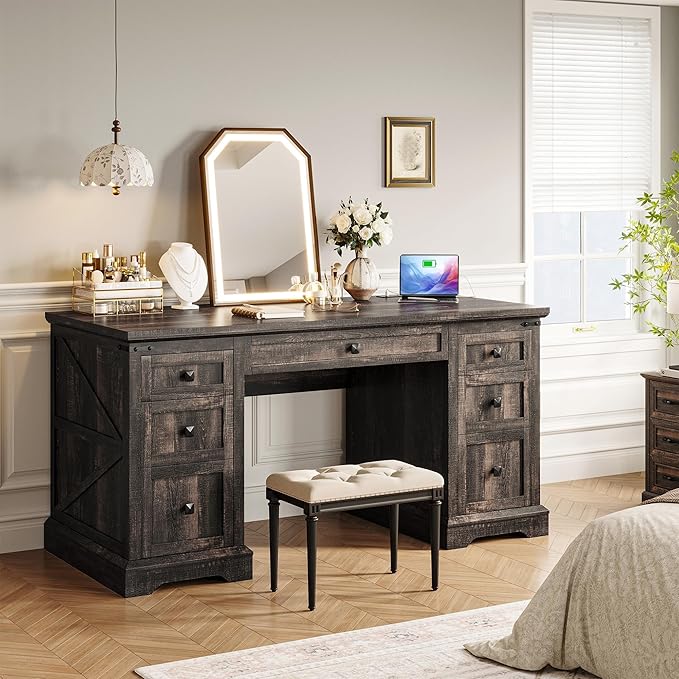 EnHomee 58 W Farmhouse Executive Desk with Drawers Wood Home Office Desks with Power Outlets Rustic Computer Desk with Storage Cabinet for Working Studying Writing Dark Rustic Oak