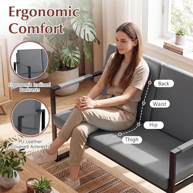 Giantex Modern Loveseat Sofa 2-Seater Sofa with Solid Metal Frame &amp Removable Back Cushions Spacious Seat &amp Supportive Armrests Indoor Couch for Living Room Bedroom Office (Gray)