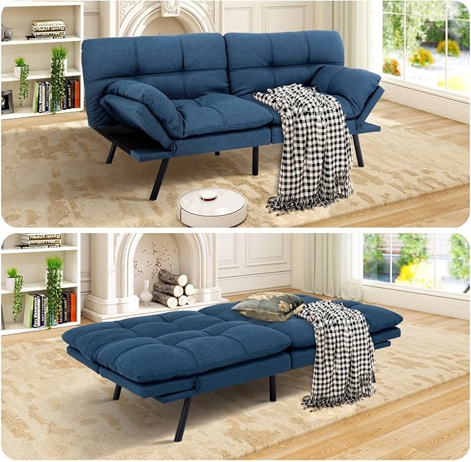 MUUEGM Futon Sofa Bed Memory Foam Navy Blue Futons Modern Office Couch Sleeper Bed Convertible Love seat Sofa for Small SpacesApartmentOffice with Adjustable Armrest Backrest