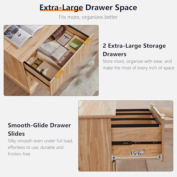 JXQTLINGMU 2 Drawer File Cabinet with Charging Station 30 Fluted Lateral File Cabinet w/Files Hanging Rod for Letter/Legal/A4 Large Tabletop for Printer Office Wood Printer Cabinets Oak
