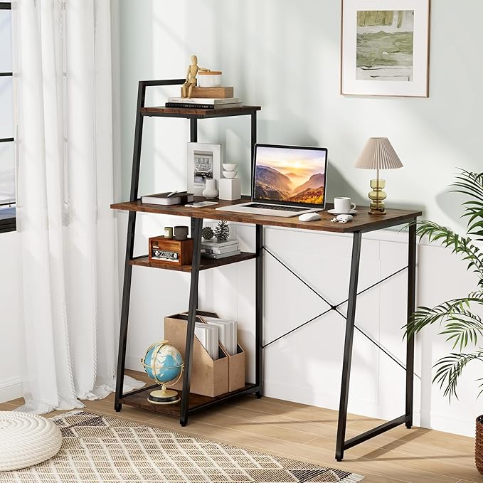 Tangkula Computer Desk with Shelves Space Saving Home Office Desk with 3-Tier Ladder Shaped Storage Bookshelf Modern Writing Study Desk with Metal Frame Compact Computer Workstation (Rustic Brown)