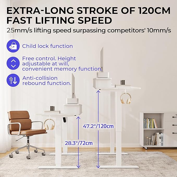 JOISCOPE 55 Inch Electric Standing Adjustable Height Desk with USB &amp Type-C Outlet Home Office Computer Gaming Desk with Display Riser and Double Drawer Sit Stand Desk White