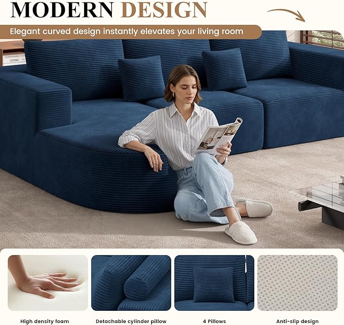 Modular Sectional Sofa BedConvertible Cloud Couches for Living Room2 Chaise Corduroy Boneless Couch Sleeper Sofa SetOversized Chaise Lounge Chair for BedroomNo Assembly RequiredBlue 1PCS