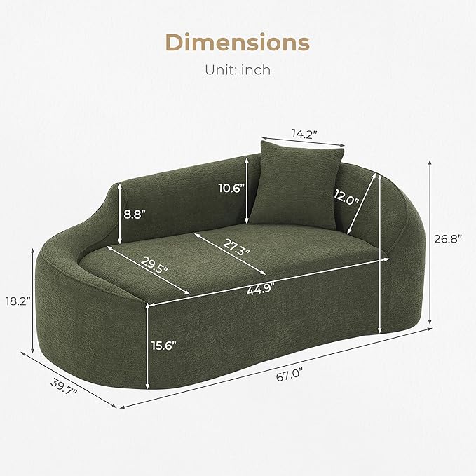 68 Curved Loveseat Sofa Modern Chenille Floor Couch with Pillow No Assembly Deep Seat Chaise Lounge for Bedroom Apartment Living Room Green
