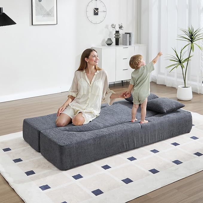 Folding Sofa Bed Convertible Futon Sleeper Bed 2-in-1 Foldable Floor Mattress with 2 Pillows Breathable High-Density Foam Lazy Couch Twin Size Comfy Lounge Chair Dark Gray
