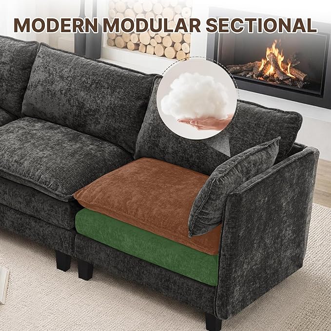 Cloud Modular Sectional Sofa U-Shaped Deep Seat Oversized Couch for Large Living Room Pet-Friendly Chenille Fabric Sofa Set with Ottoman for Family Movie Nights