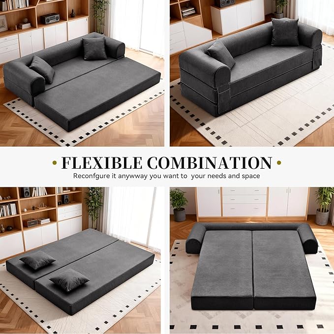 4-in-1 Folding Convertible Sofa Bed 78 Inch Faux Leather Boneless Couch Loveseat Sleeper with Pull Out Bed Floor Sofa Modular Futon Teddy Sofa for Living Room Bedroom Lounge Gray