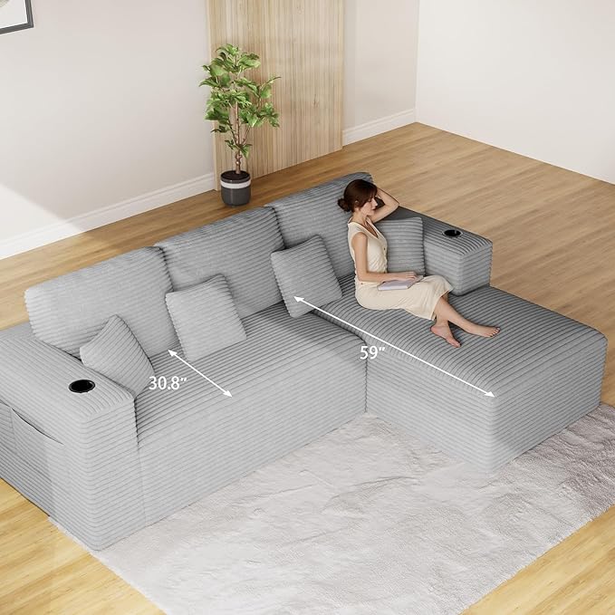110 Modular Sectional Sofa Cloud Couch Modern Deep Seat Fluffy Corduroy Boneless Couch with Cup Holder Comfy L Shaped Sectional Couches for Living Room Bedroom. (Right Facing Grey)