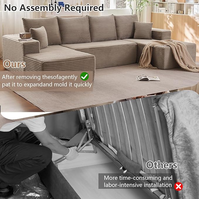 134.2 Modular Sectional Sofa Modern Corduroy Cloud Couch with Deep Seat Boneless Couch Upholstered 4-Seater U-Shaped Sofa for Living Room No Assembly Required (Camel)