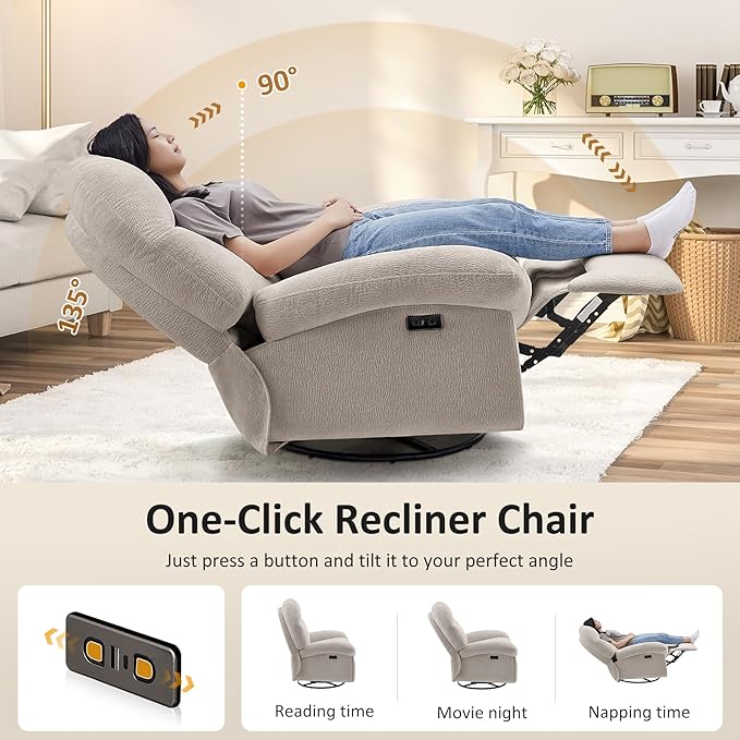 VANOMi Power Recliner Chair with Charging 270° Swivel Glider Rocker Electric Nursery Recliner for Living Room Bedroom and Office Camel Set of 2