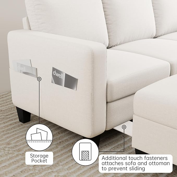 Sectional Sofa and Couches for Living Room 78'' Beige 3 Seat L-Shaped Couch with Movable Ottoman Comfy Linen Convertible Sectionals Sofas with Chaise for Apartment Dorm Small Space