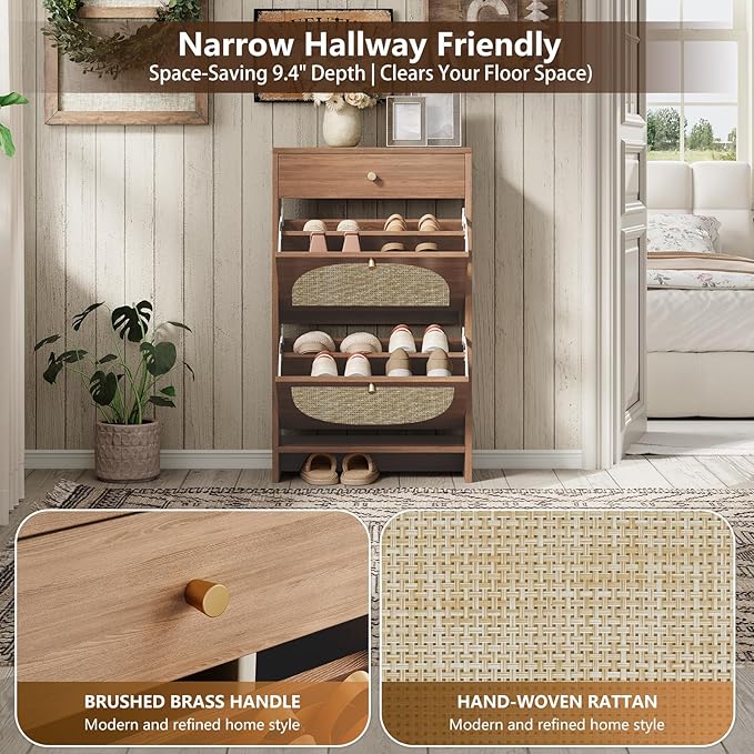 Nicetree Shoe Cabinet for Entryway Slim Shoe Rack with 2 Flip Drawers and Top Storage Drawer Narrow Shoe Organizer with Arched Rattan Accent Entryway Shoe Storage for Size 12 Shoes Caramel