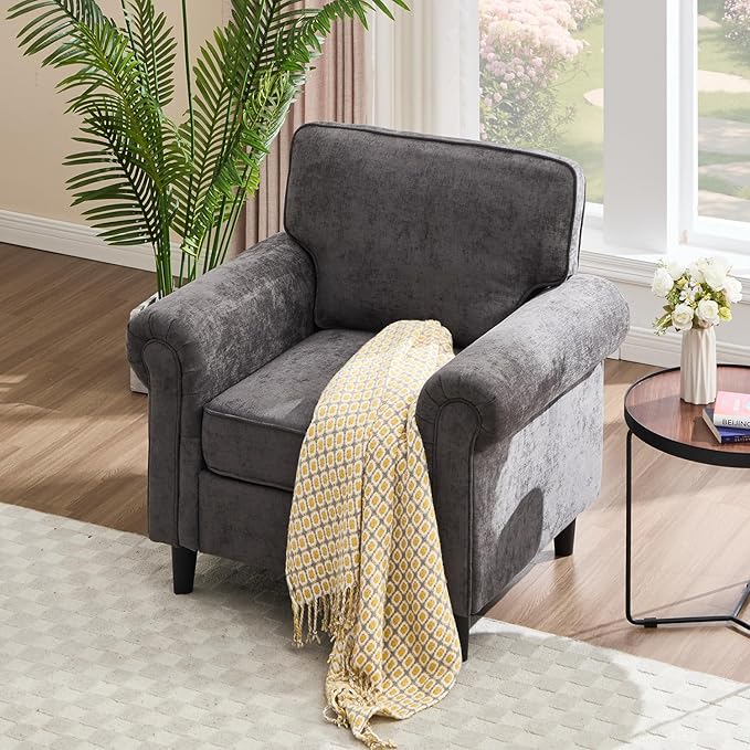 Kingfun Living Room Arm Chair Modern Accent Chairs Cloud Single Sofa Spring Seat Cushion Comfy Lumber Pillow Chenille Fabric Removable Cover Soft Upholstered Furniture Home Apartment Grey