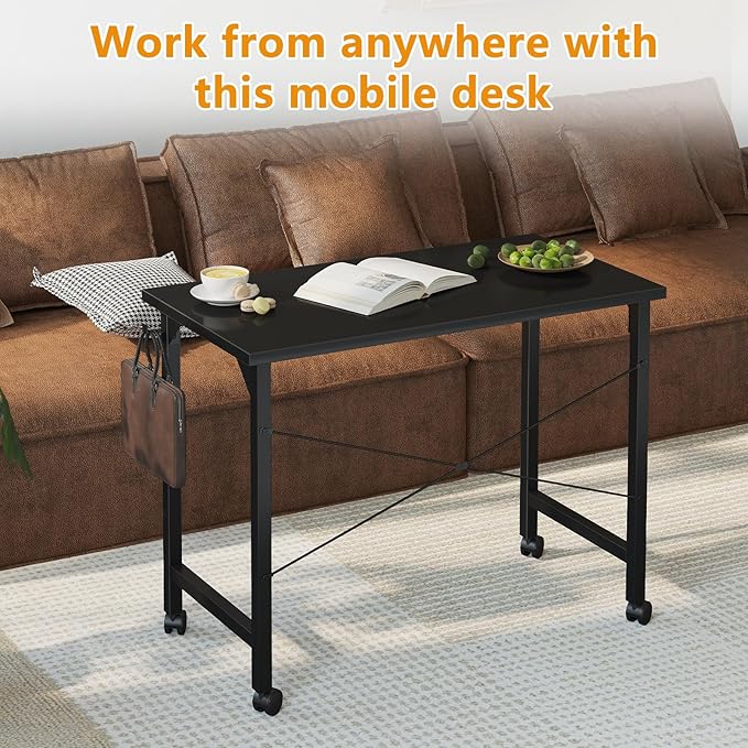 Grandder Rolling Computer 40 inch Desk with Wheels Wroking Small Desk for Living Room Modern Simple Style Table for Home Office Study Writing Table Caster Black 40 inch